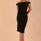 model wearing diva catwalk cloud pencil fitted flattering dress off shoulder sleeveless with detail with pleating around the front in black front