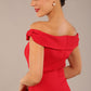 brunette model wearing a diva catwalk cloud pencil fitted flattering dress off shoulder sleeveless with detail with pleating around the front in scarlet red back close up