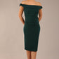 brunette model wearing a diva catwalk cloud pencil fitted flattering dress off shoulder sleeveless with detail with pleating around the front in forest green front