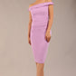 brunette model wearing a diva catwalk cloud pencil fitted flattering dress off shoulder sleeveless with detail with pleating around the front in sheer lilac front