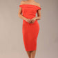 brunette model wearing a diva catwalk cloud pencil fitted flattering dress off shoulder sleeveless with detail with pleating around the front in grenadine orange front