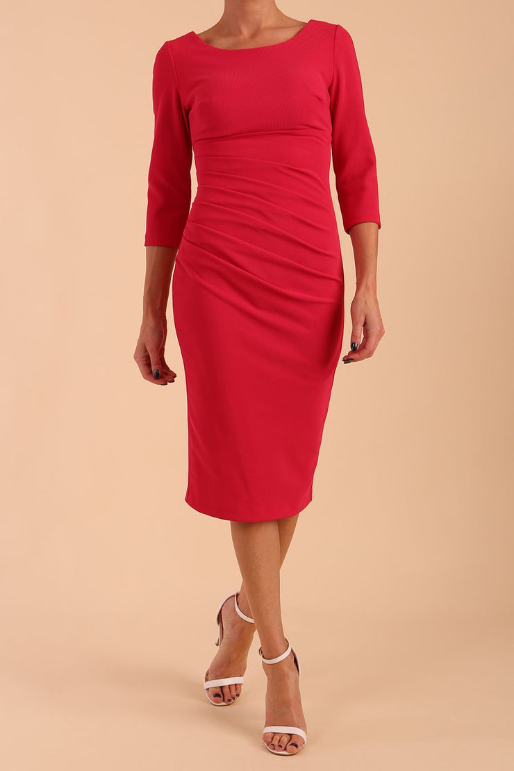 model is wearing diva catwalk polly sleeved pencil dress with low rounded neckline at the back in Raspberry Pink front