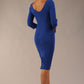 model is wearing diva catwalk polly sleeved pencil dress with low rounded neckline at the back in cobalt blue back