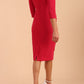 model is wearing diva catwalk polly sleeved pencil dress with low rounded neckline at the back in Raspberry Pink back