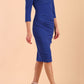 model is wearing diva catwalk polly sleeved pencil dress with low rounded neckline at the back in cobalt blue side