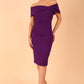 model is wearing diva catwalk mariposa pencil dress with Detailed Bardot neckline with fold-over detail and pleated at waist area in deep purple front