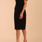 model is wearing diva catwalk mariposa pencil dress with Detailed Bardot neckline with fold-over detail and pleated at waist area in Black front side