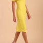 model is wearing diva catwalk mariposa pencil dress with Detailed Bardot neckline with fold-over detail and pleated at waist area in Blazing Yellow front side