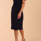 model is wearing diva catwalk mariposa pencil dress with Detailed Bardot neckline with fold-over detail and pleated at waist area in Navy Blue front side