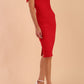 model is wearing diva catwalk mariposa pencil dress with Detailed Bardot neckline with fold-over detail and pleated at waist area in scarlet red front side