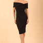 model is wearing diva catwalk mariposa pencil dress with Detailed Bardot neckline with fold-over detail and pleated at waist area in Black front side