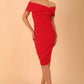  model is wearing diva catwalk mariposa pencil dress with Detailed Bardot neckline with fold-over detail and pleated at waist area in scarlet red front