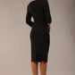 model is wearing diva catwalk quatro sleeved pencil dress with asymmetric wide cut our neckline in black back