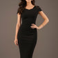 brunette model wearing diva catwalk zantana pencil-skirt dress with short laced sleeves and pleating across the tummy in black front (Black)