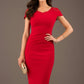 brunette model wearing diva catwalk zantana pencil-skirt dress with short laced sleeves and pleating across the tummy in passion red front (Passion Red)
