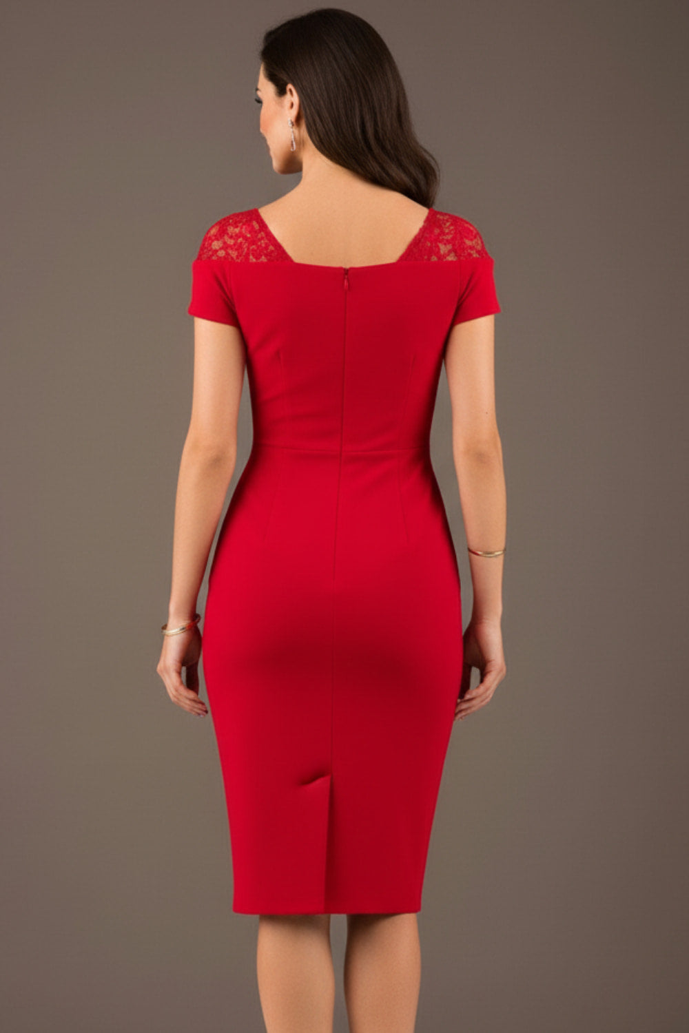 brunette model wearing diva catwalk zantana pencil-skirt dress with short laced sleeves and pleating across the tummy in passion red front (Passion Red)