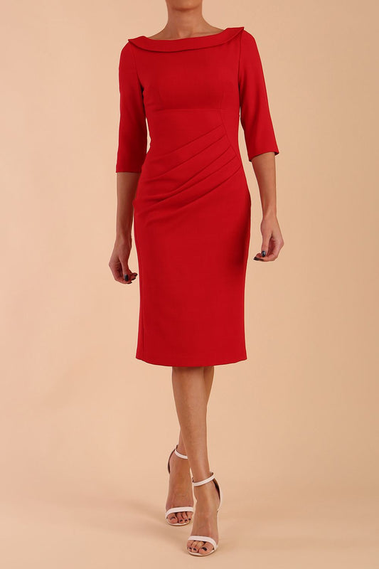 Model wearing diva catwalk Marcel Folded Collar Pencil Dress in Scarlet Red front