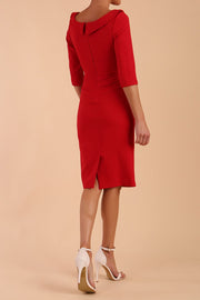 Model wearing diva catwalk Marcel Folded Collar Pencil Dress in Scarlet Red back