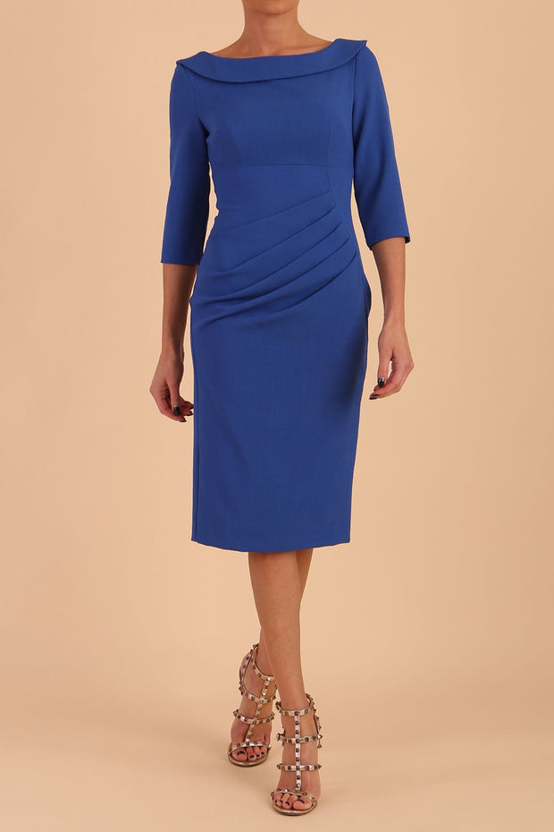 Model wearing diva catwalk Marcel Folded Collar Pencil Dress in Cobalt Blue front
