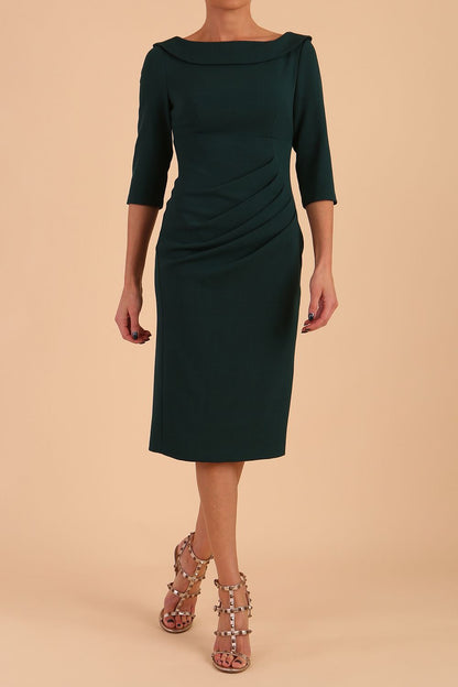 Model wearing diva catwalk Marcel Folded Collar Pencil Dress in Forest Green front