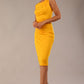 model wearing diva catwalk primula pencil skirt dress in pink with pleating on one side and sleeveless design in colour saffron yellow front