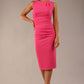 model wearing diva catwalk primula pencil skirt dress in pink with pleating on one side and sleeveless desigh in colour hibiscus fuchsia front