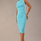 model wearing diva catwalk primula pencil skirt dress in pink with pleating on one side and sleeveless design in colour sky blue front