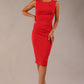  model wearing diva catwalk primula pencil skirt dress in pink with pleating on one side and sleeveless design in colour electric red