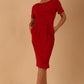 Brunette model is wearing marcel stretch short sleeve pencil dress image in tango red colour