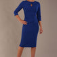 model is wearing the Diva Catwalk Ubrique pencil dress with Long sleeves and keyhole detail in Cobalt Blue fabric colour (Cobalt Blue)