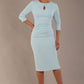 model wearing diva catwalk ubrique pencil dress with a keyhole detail and sleeves in sky blue colour front (Sky Blue)