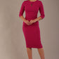 model wearing diva catwalk ubrique pencil dress with a keyhole detail and sleeves in Magenta Haze colour front (Magenta Haze)