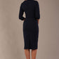 model is wearing the Diva Catwalk Ubrique pencil dress with Long sleeves and keyhole detail in Navy Blue fabric colour back (Navy)