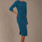 model wearing diva catwalk ubrique pencil dress with a keyhole detail and sleeves in teal colour front (Teal)