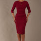 model wearing diva catwalk ubrique pencil dress with a keyhole detail and sleeves in berry pink colour front (Berry Pink)