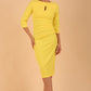 model wearing diva catwalk ubrique pencil dress with a keyhole detail and sleeves in blazing yellow colour