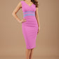 Woman wearing a pink dress with a blue band on a beige background (Rosebud Pink & Chalk Purple)
