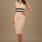 Woman wearing a pink dress with a black and white stripe on a beige background (Almond Mousse & Black)