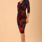 model wearing a diva catwalk Morello Print Dress 3/4 sleeves v neckline pencil dress in Feather print