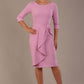 model is wearing diva catwalk jacky dress with rounded neckline 3/4 sleeve and bow detail on the waist in dawn pink front view