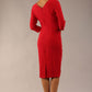 Model wearing diva catwalk Seed Andante Pencil Skirt Dress with 3/4 sleeve and bow detail at waistline in Salsa Red back