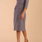 Model wearing diva catwalk Seed Andante Pencil Skirt Dress with 3/4 sleeve and bow detail at waistline in Sky Grey front side