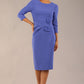 Model wearing diva catwalk Seed Andante Pencil Skirt Dress with 3/4 sleeve and bow detail at waistline in Thistle Blue front 