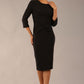 Model wearing diva catwalk Seed Andante Pencil Skirt Dress with 3/4 sleeve and bow detail at waistline in Black front 