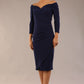 brunette model wearing diva catwalk evening pencil dress off shoulder with sleeves and pleated pencil skirt in colour navy blue front