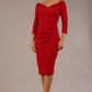 brunette model wearing diva catwalk evening pencil dress off shoulder with sleeves and pleated pencil skirt in colour scarlet red front