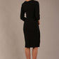 model wearing diva pencil dress tulip design with overlapping pencil skirt with 3 4 sleeves in colour black back (Black)