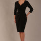 model wearing diva pencil dress tulip design with overlapping pencil skirt with 3 4 sleeves in colour black front (Black)