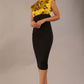 brunette model wearing diva catwalk  dresses from england nadia colour block in black and gold colours sleeveless dress front