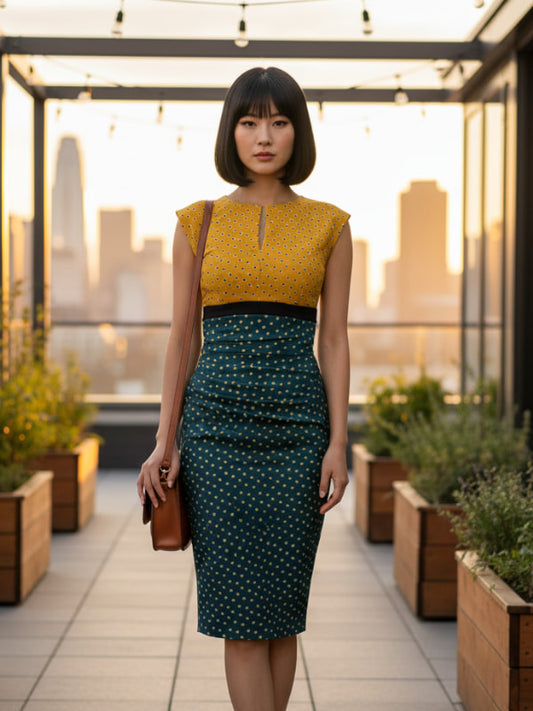 Woman in a print dress wit yellow top and green skirt standing in a vineyard.